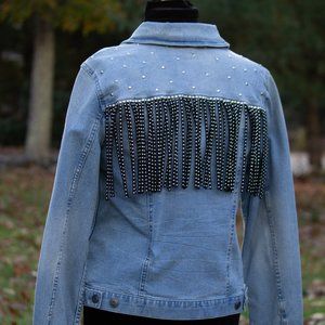 UPCYCLED Denim Jacket with Black Studded Suede Fringe and Silver Studs